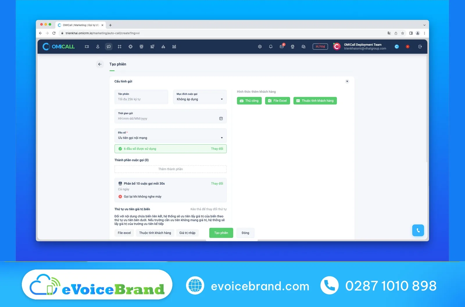 Form tạo phiên Gọi tự động (AutoCall) trên OMICall: mục đích, thời gian gửi, thành phần cuộc gọi, phân bổ – auto call