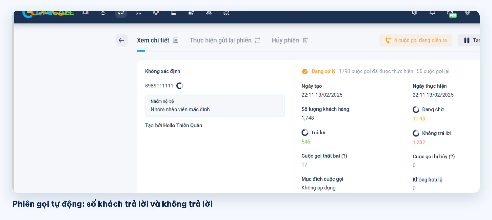 Thống kê số khách trả lời và không trả lời trong phiên gọi tự động