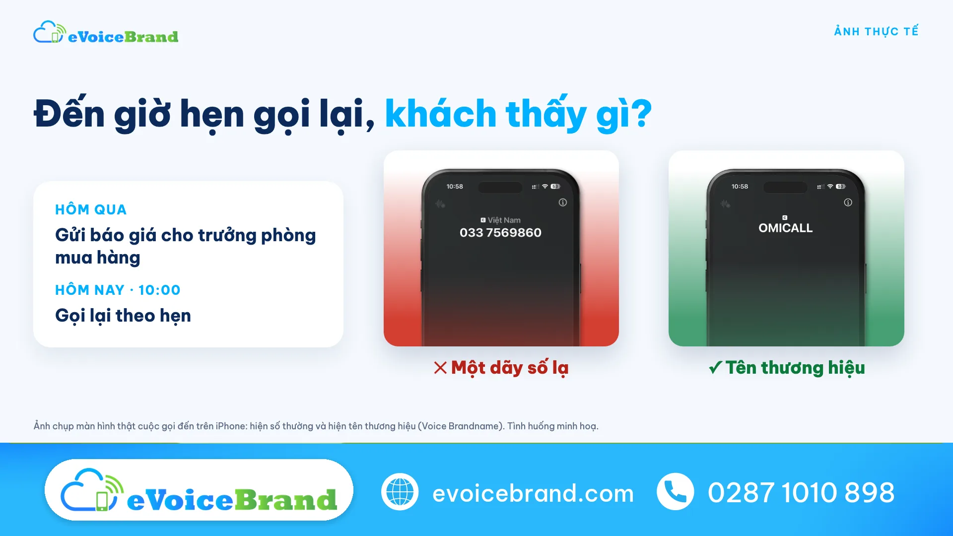 Cuộc gọi lại theo hẹn hiện số thường và hiện tên thương hiệu với dịch vụ voice brandname – ảnh chụp màn hình thật