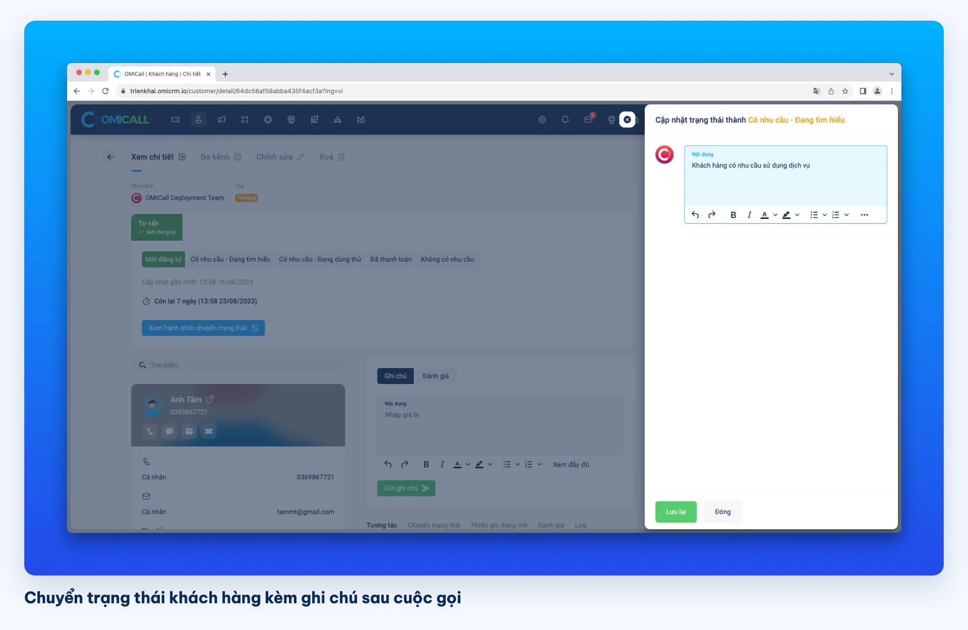 Chuyển trạng thái khách hàng kèm ghi chú sau cuộc gọi trên CRM OMICall