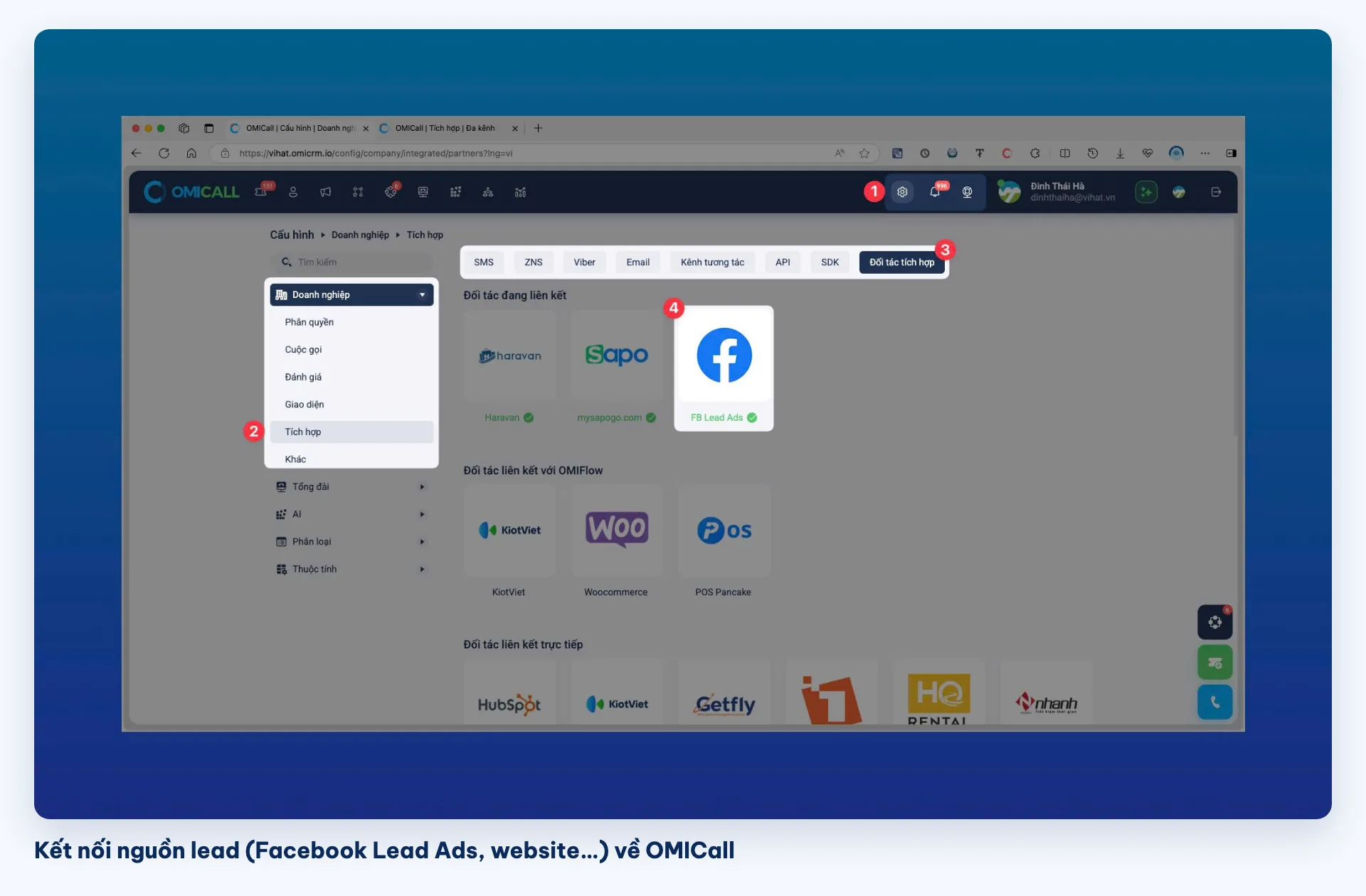 Kết nối nguồn khách hàng tiềm năng từ Facebook Lead Ads, website về OMICall